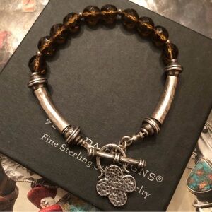 Rare Silpada Sterling Silver Smokey Topaz Glass Bracelet With Good Luck Charm